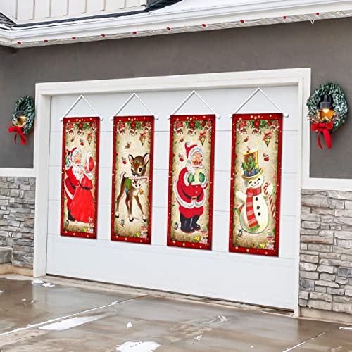 Large set of 4 Vintage Christmas Decorations Santa Claus Stretching Portraits Outdoor Vinyl Christmas Decoration, Vintage Christmas Backdrop Poster for New Year Indoor Outside Front Garage Door