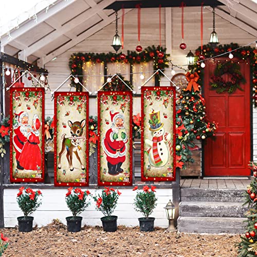 Large set of 4 Vintage Christmas Decorations Santa Claus Stretching Portraits Outdoor Vinyl Christmas Decoration, Vintage Christmas Backdrop Poster for New Year Indoor Outside Front Garage Door