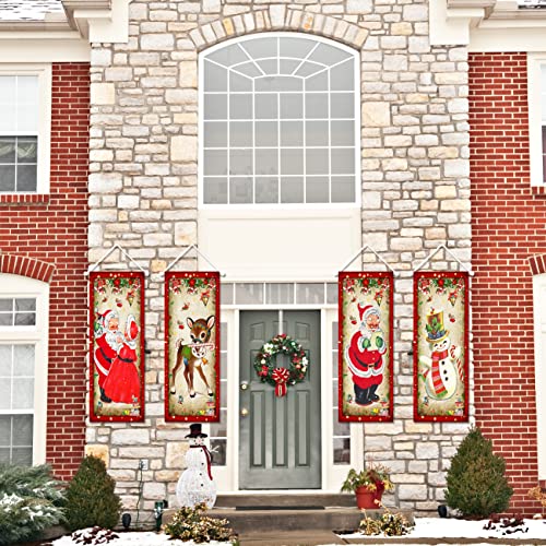 Large set of 4 Vintage Christmas Decorations Santa Claus Stretching Portraits Outdoor Vinyl Christmas Decoration, Vintage Christmas Backdrop Poster for New Year Indoor Outside Front Garage Door