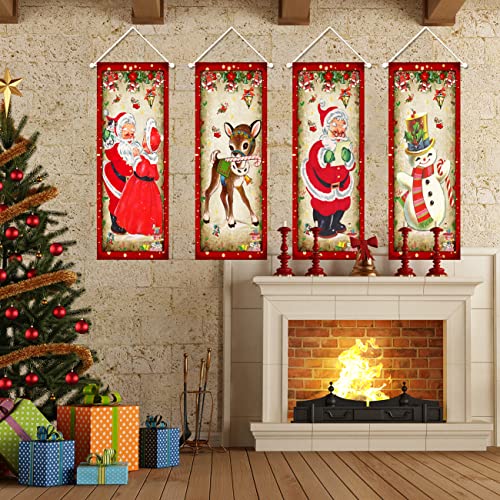 Large set of 4 Vintage Christmas Decorations Santa Claus Stretching Portraits Outdoor Vinyl Christmas Decoration, Vintage Christmas Backdrop Poster for New Year Indoor Outside Front Garage Door