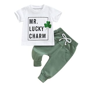 toddler baby st. patrick’s day outfits boy girl short sleeve letter print t shirt tops and drawstring pants sets (mr. lucky charm & white, 18-24 months)