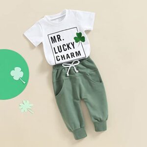 Toddler Baby St. Patrick's Day Outfits Boy Girl Short Sleeve Letter Print T Shirt Tops and Drawstring Pants Sets (Mr. Lucky Charm & White, 18-24 Months)