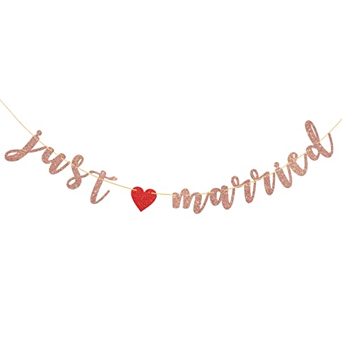 KakaSwa Just Married Banner, Wedding Party / Birdal Shower / Engagement Party Decorations, Hanging Banner for Wedding Party, Theme Party Supplies - Rose Gold