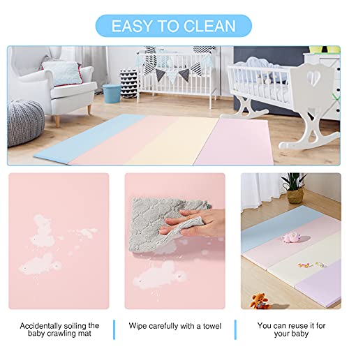 Bonrcea Baby Play Mat,Extra Large Baby Crawling mat,Non-Slip Waterproof&Foldable, Reversable Baby Floor Mat,Baby Mat Gym(1.6 Inch Thickness) (Macaron, 70.87" x78.74" x1.6")