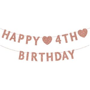 rose gold 4th birthday banner, glitter happy 4 years old boy or girl party decorations, supplies
