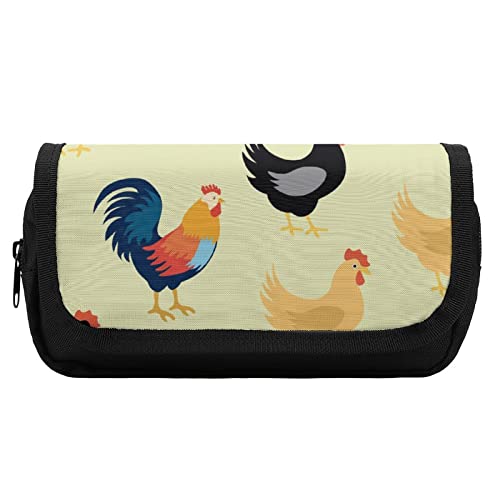 Rooster and Cock Pencil Case with Two Large Compartments Pocket Big Capacity Storage Pouch Pencil Bag for School Teen Adult