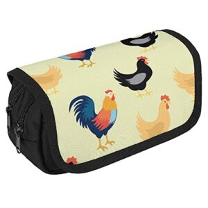 Rooster and Cock Pencil Case with Two Large Compartments Pocket Big Capacity Storage Pouch Pencil Bag for School Teen Adult