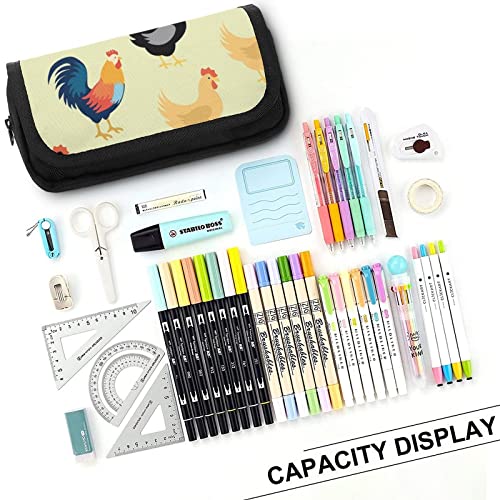 Rooster and Cock Pencil Case with Two Large Compartments Pocket Big Capacity Storage Pouch Pencil Bag for School Teen Adult