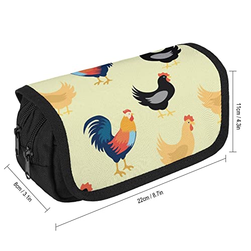 Rooster and Cock Pencil Case with Two Large Compartments Pocket Big Capacity Storage Pouch Pencil Bag for School Teen Adult