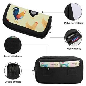 Rooster and Cock Pencil Case with Two Large Compartments Pocket Big Capacity Storage Pouch Pencil Bag for School Teen Adult