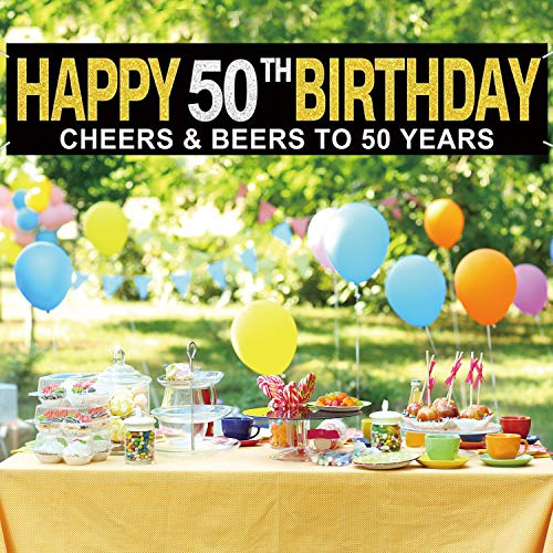 Large Happy 50th Birthday Banner, Cheers to 50 Years & 50 Fabulous, Birthday Hanging Banner, Birthday Party Supplies, Celebration Flag, Birthday Party Sign Decorations, Home Indoor Outdoor Party Decoration (9.8 x 1.6 ft)