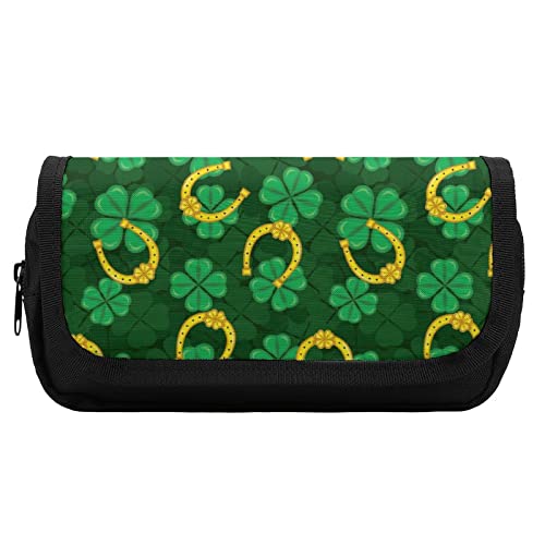 Clover and Horseshoe Pencil Case with Two Large Compartments Pocket Big Capacity Storage Pouch Pencil Bag for School Teen Adult