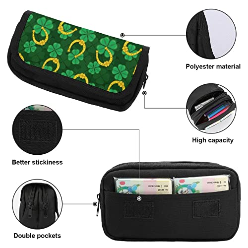 Clover and Horseshoe Pencil Case with Two Large Compartments Pocket Big Capacity Storage Pouch Pencil Bag for School Teen Adult