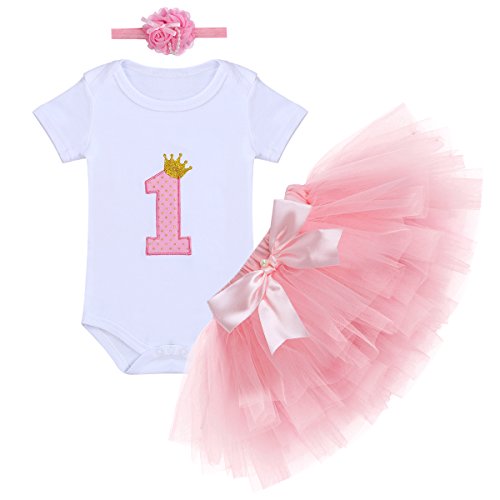 Baby Girl It's My 1st Birthday 3Pcs Outfits Skirt Set Romper+Tutu Dress+Headband Cake Smash Crown Bodysuit Clothes Jumpsuit #2 Coral One Size