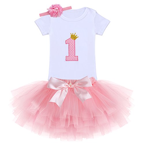 Baby Girl It's My 1st Birthday 3Pcs Outfits Skirt Set Romper+Tutu Dress+Headband Cake Smash Crown Bodysuit Clothes Jumpsuit #2 Coral One Size