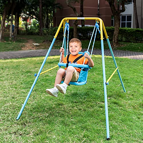 HLC Folding Toddler Swing Set with Metal Frame and Safety Belt Swing Easy to Assemble & Store Suitable for Baby/chirldren's Gift