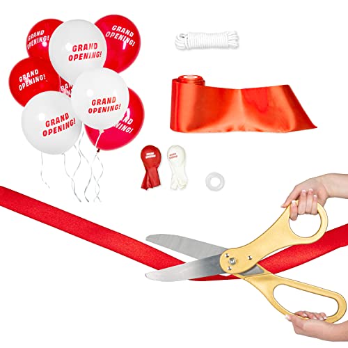 Crutello Deluxe Giant Ribbon Cutting Ceremony Kit 21" Giant Scissor Set, Sharp, Gold Handled XL Scissors, 30ft of 4" Wide Red Ribbon, 10ft Banner, 10 Red & 10 White Balloons, Banner Rope, Balloon Rope