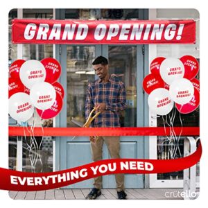 Crutello Deluxe Giant Ribbon Cutting Ceremony Kit 21" Giant Scissor Set, Sharp, Gold Handled XL Scissors, 30ft of 4" Wide Red Ribbon, 10ft Banner, 10 Red & 10 White Balloons, Banner Rope, Balloon Rope