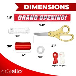 Crutello Deluxe Giant Ribbon Cutting Ceremony Kit 21" Giant Scissor Set, Sharp, Gold Handled XL Scissors, 30ft of 4" Wide Red Ribbon, 10ft Banner, 10 Red & 10 White Balloons, Banner Rope, Balloon Rope