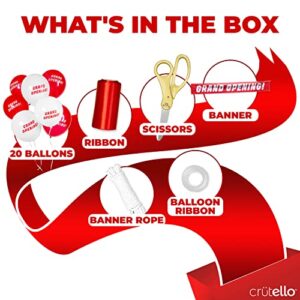 Crutello Deluxe Giant Ribbon Cutting Ceremony Kit 21" Giant Scissor Set, Sharp, Gold Handled XL Scissors, 30ft of 4" Wide Red Ribbon, 10ft Banner, 10 Red & 10 White Balloons, Banner Rope, Balloon Rope