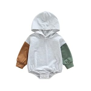 Newborn Infant Unisex Baby Boy Girl Clothes Hooded Oversized Sweatshirt Romper Long Sleeve Hoodie Tops Fall Winter Outfit ( Color Block Light Grey, 3-6 Months )