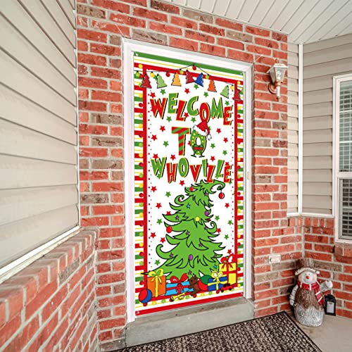 Whoville Christmas Door Cover for Christmas Party Decorations, Wellcome To Whoville Christmas Sign Backdrop Xmas Door Hanging Banner for Christmas Eve Holiday Party Supplies