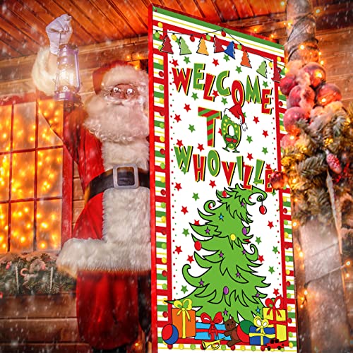 Whoville Christmas Door Cover for Christmas Party Decorations, Wellcome To Whoville Christmas Sign Backdrop Xmas Door Hanging Banner for Christmas Eve Holiday Party Supplies