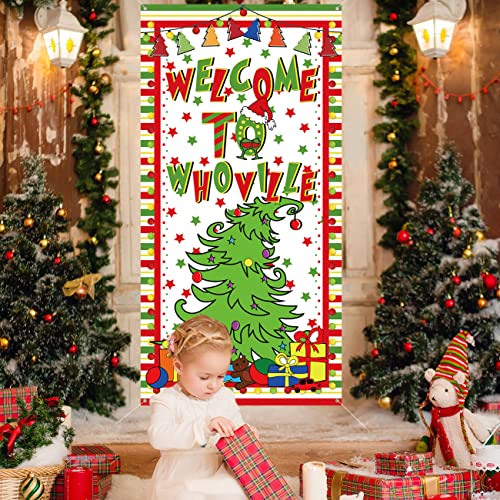 Whoville Christmas Door Cover for Christmas Party Decorations, Wellcome To Whoville Christmas Sign Backdrop Xmas Door Hanging Banner for Christmas Eve Holiday Party Supplies