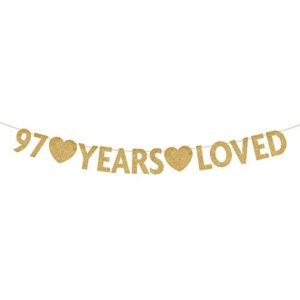 gold 97 year loved banner, gold glitter happy 97th birthday party decorations, supplies