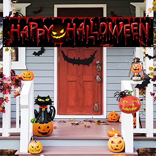 Happy Halloween Banner with Balloon Halloween Scary Bloody Yard Sign Banner for Outdoor Indoor Halloween Party Decorations Supplies Black and Red Theme Party