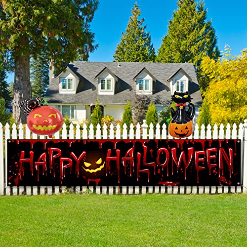 Happy Halloween Banner with Balloon Halloween Scary Bloody Yard Sign Banner for Outdoor Indoor Halloween Party Decorations Supplies Black and Red Theme Party