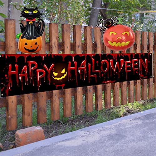 Happy Halloween Banner with Balloon Halloween Scary Bloody Yard Sign Banner for Outdoor Indoor Halloween Party Decorations Supplies Black and Red Theme Party