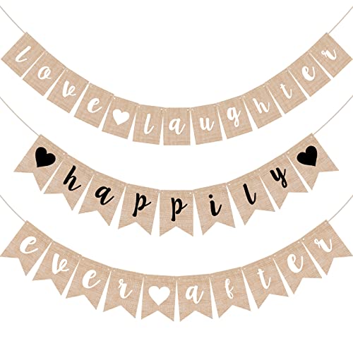 Love Laughter and Happily Ever After Burlap Banner 3 Pcs Bridal Shower Banner Engagement Decorations Wedding Shower Banner Bridal Party Sign Rustic Bunting Garland for Wedding Party Favors Supplies