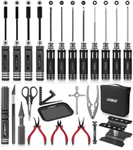 rc car tool kit – screwdriver set (flat, phillips, hex), pliers, wrench, body reamer, stand, repair tools for quadcopter drone helicopter airplane, accessories compatible with traxxas r c cars – 25pcs