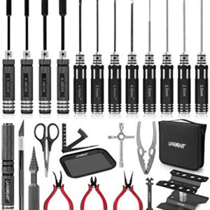 RC Car Tool Kit - Screwdriver Set (Flat, Phillips, Hex), Pliers, Wrench, Body Reamer, Stand, Repair Tools for Quadcopter Drone Helicopter Airplane, Accessories Compatible with Traxxas R C Cars – 25pcs