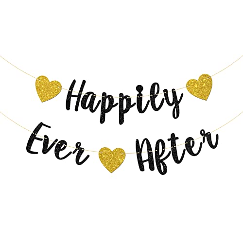 Talorine Happily Ever After Banner, Bridal Shower, Engagement, Just Married, Wedding Party Decorations (Black Glitter)