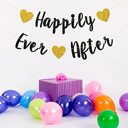 Talorine Happily Ever After Banner, Bridal Shower, Engagement, Just Married, Wedding Party Decorations (Black Glitter)