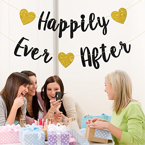 Talorine Happily Ever After Banner, Bridal Shower, Engagement, Just Married, Wedding Party Decorations (Black Glitter)