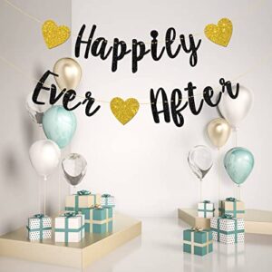 Talorine Happily Ever After Banner, Bridal Shower, Engagement, Just Married, Wedding Party Decorations (Black Glitter)