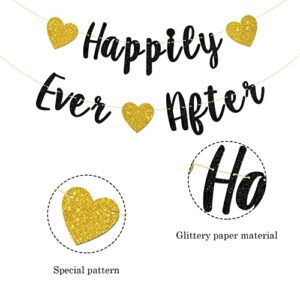 Talorine Happily Ever After Banner, Bridal Shower, Engagement, Just Married, Wedding Party Decorations (Black Glitter)