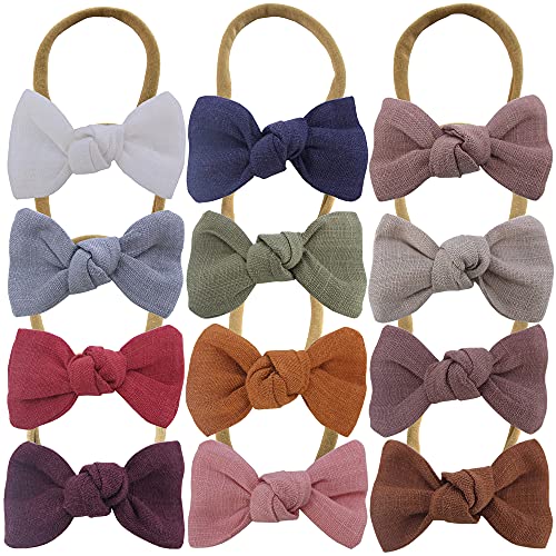 Mini Petite Knot Linen Bow with Nylon Headbands Toddler Baby Newborn Headband Elastic Bands Infant Baby Girls Kids Small Hair Bow Headbands Hairbands