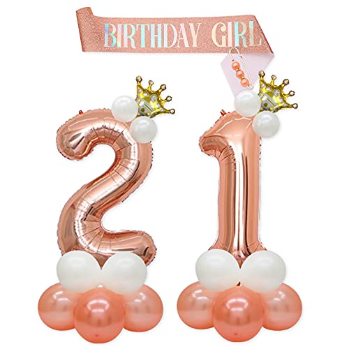 Rose Gold 21st Birthday Party Decorations Large Digital 21 Balloon Number with Birthday Girl Sash for Girls Finally Legal Twenty One Birthday 21st Anniversary Backdrop Decor Supplies