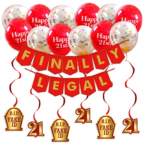 FINALLY LEGAL Red & Gold Party Pack - 21st Birthday Banner, Balloon and Swirls Pack- Birthday Decorations - 21st Birthday Party Supplies, Favors and Gifts