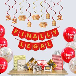 FINALLY LEGAL Red & Gold Party Pack - 21st Birthday Banner, Balloon and Swirls Pack- Birthday Decorations - 21st Birthday Party Supplies, Favors and Gifts