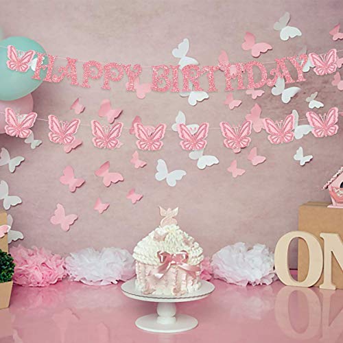 Butterfly Birthday Banner for Girls Butterfly Happy Birthday Decorations - Pink Butterfly Banner Garland Fairy Garden Floral Party Supplies for Women