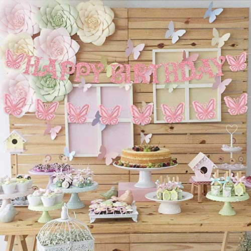 Butterfly Birthday Banner for Girls Butterfly Happy Birthday Decorations - Pink Butterfly Banner Garland Fairy Garden Floral Party Supplies for Women