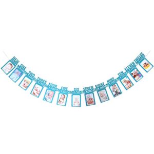 1st birthday photo banner, first birthday party supplies, baby photo decorations from new born to 12 months, blue glitter first birthday bunting-blue