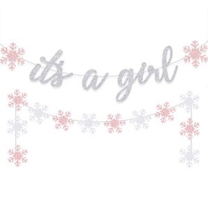 snowflake girl baby shower banner winter party decoration its a girl letter garland pink silver supplies