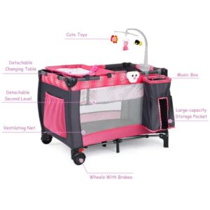 INFANS 3 in 1 Pack and Play with Bassinet, Mattress, Changing Table, Music Box, Toys, Storage Basket, Travel Bag, Portable Nursery Activity Center Play Yard for Baby Kid Infant (Pink)