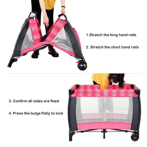 INFANS 3 in 1 Pack and Play with Bassinet, Mattress, Changing Table, Music Box, Toys, Storage Basket, Travel Bag, Portable Nursery Activity Center Play Yard for Baby Kid Infant (Pink)